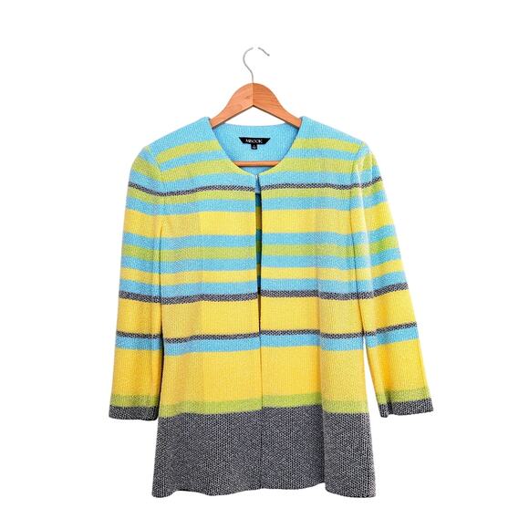Misook Open Front Cardigan Blue Yellow Gray Size Small Knit Jacket Sweater S EUC - Picture 1 of 7